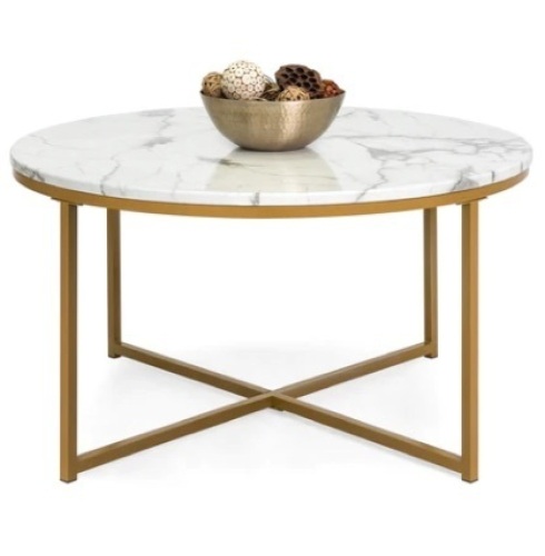 Round Coffee Table w/ Faux Marble Top, Metal Frame, 36in, Gold - Lot 334