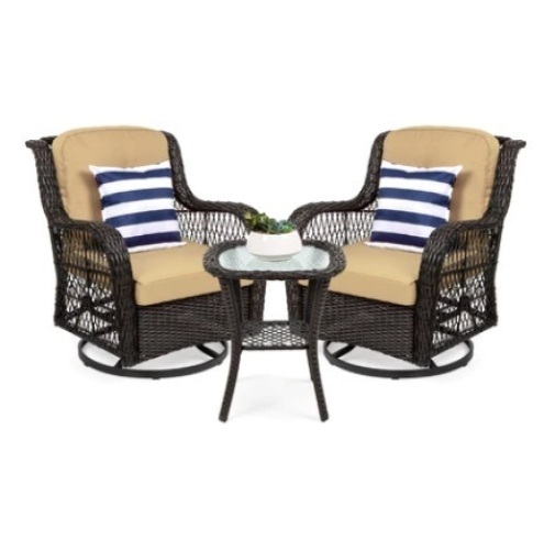 3-Piece Patio Wicker Bistro Furniture Set w/ 2 Swivel Rocking Chairs, Table, Beige - Lot 351