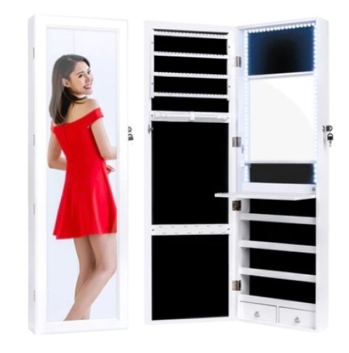 Door/Wall Mount Mirror Jewelry Cabinet Armoire w/ Inside Mirror, LED Lights - Lot 339