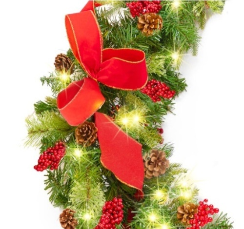 Pre-Lit Garland, Battery Powered w/ 100 Lights, 180 Tips, Pine Cones - 9ft - Lot 249