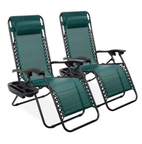 Set of 2 Adjustable Zero Gravity Patio Chair Recliners w/ Cup Holders, Forest Green - Lot 342