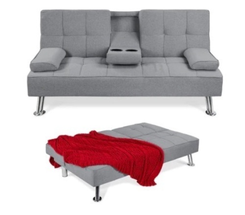 Linen Upholstered Convertible Sofa Bed Futon w/ 2 Cupholders, Gray - Lot 347