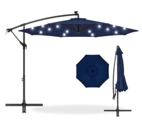 Solar LED Offset Hanging Patio Umbrella w/ Crank Tilt Adjustment - 10ft, Navy Blue - Lot 255