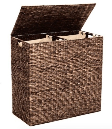 Extra Large Water Hyacinth Double Laundry Hamper Basket w/ 2 Liner Bags, Espresso - Lot 256