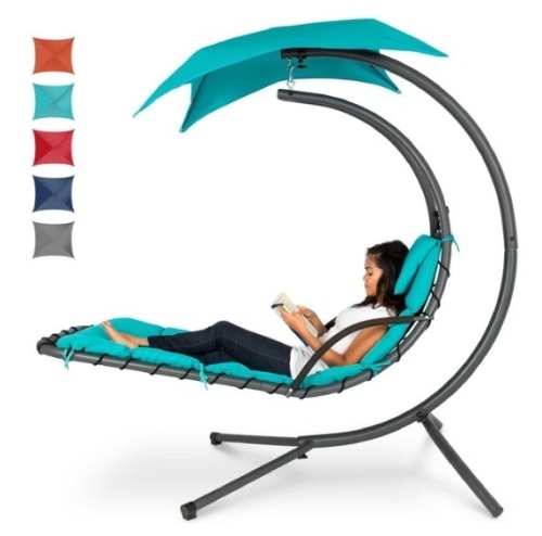 Hanging Curved Chaise Lounge Chair w/ Built-In Pillow, Removable Canopy, Blue - Lot 267