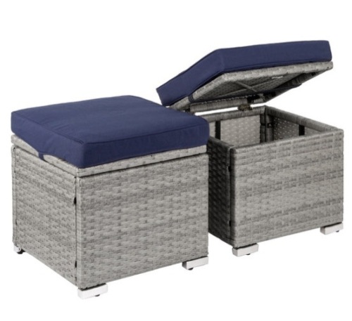 Set of 2 Wicker Ottomans, Multipurpose w/ Removable Cushions, Steel Frame, Gray/Navy - Lot 273