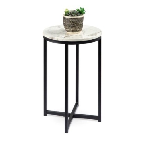 Round Coffee Side Table w/ Faux Marble Top, Metal Frame, 16in, Matte Black - Lot 355