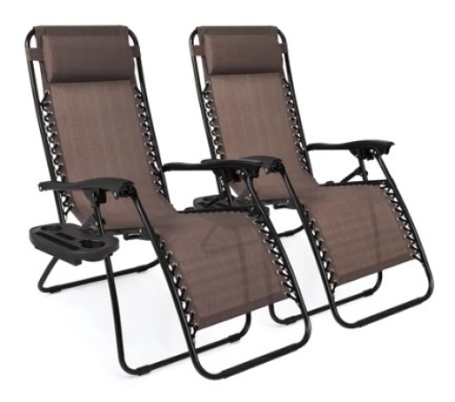 Set of 2 Adjustable Zero Gravity Patio Chair Recliners w/ Cup Holders, Brown - Lot 363