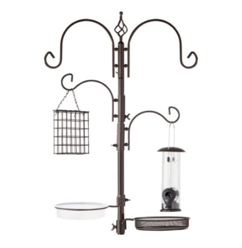 4-Hook Bird Feeding Station, Steel Feeder Stand w/ 2 Bird Feeders, 91in, Bronze - Lot 367