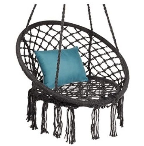 Handwoven Cotton Macramé Hammock Hanging Chair Swing w/Backrest, Fringe Tassels, 265 Pound Capacity, Black - Lot 359