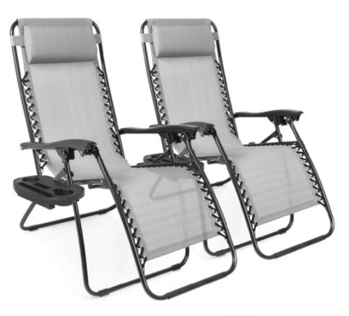 Set of 2 Adjustable Zero Gravity Patio Chair Recliners w/ Cup Holders, Ice Gray - Lot 286