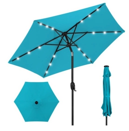 Outdoor Solar Patio Umbrella w/ Push Button Tilt, Crank Lift - 7.5ft, Sky Blue - Lot 290