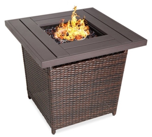 28in Fire Pit Table 50,000 BTU Wicker Propane w/ Faux Wood Tabletop, Cover, Brown - Lot 292