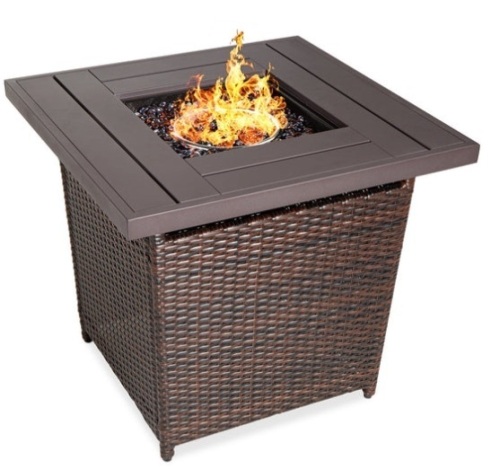 28in Fire Pit Table 50,000 BTU Wicker Propane w/ Faux Wood Tabletop, Cover, Brown - Lot 293