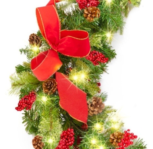 Pre-Lit Garland, Battery Powered w/ 100 Lights, 180 Tips, Pine Cones - 9ft - Lot 294