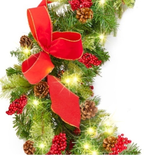 Pre-Lit Garland, Battery Powered w/ 100 Lights, 180 Tips, Pine Cones - 9ft - Lot 297