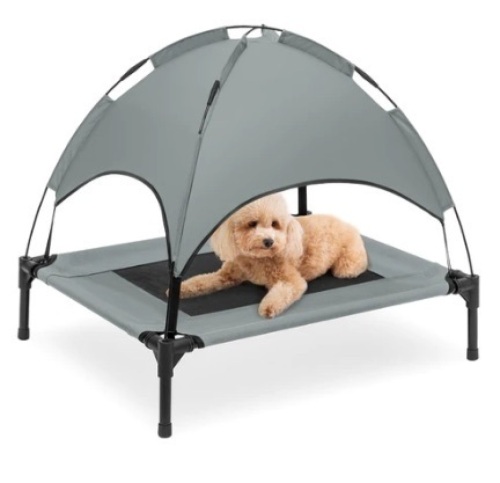 Elevated Cooling Dog Bed, Outdoor Pet Cot w/ Canopy, Carry Bag, 30in, Gray - Lot 383