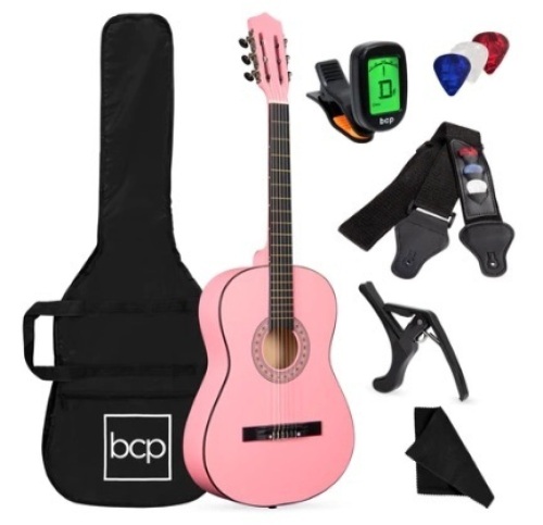 Beginner Acoustic Guitar Set w/ Case, Strap, Digital Tuner, Strings, 38in, Pink - Lot 387
