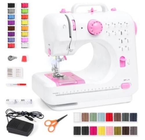 6V Portable Foot Pedal Sewing Machine w/ 12 Stitch Patterns, Pink/White - Lot 388