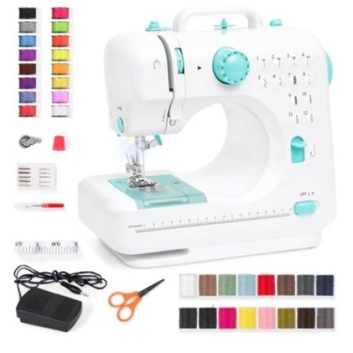 6V Portable Foot Pedal Sewing Machine w/ 12 Stitch Patterns, Teal - Lot 393