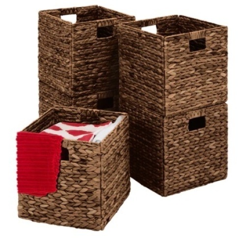 Set of 5 Collapsible Hyacinth Storage Baskets w/ Inserts, 12x12in, Espresso - Lot 395