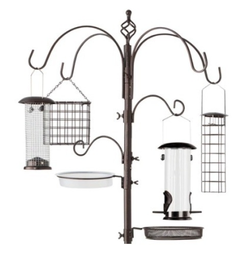 Bird Feeding Station, 6-Hook Steel Multi-Feeder Stand w/ 4 Feeders, 89in, Bronze - Lot 608