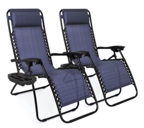 Set of 2 Adjustable Zero Gravity Patio Chair Recliners w/ Cup Holders, Blue - Lot 502