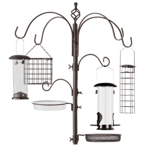 Bird Feeding Station, 6-Hook Steel Multi-Feeder Stand w/ 4 Feeders - 89in, Bronze - Lot 507