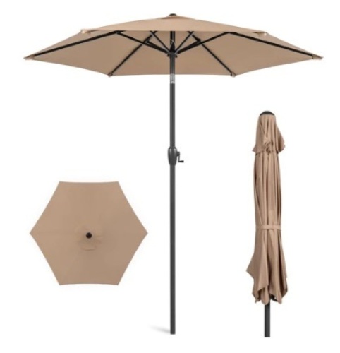 Outdoor Market Patio Umbrella w/ Push Button Tilt, Crank Lift, 7.5ft, Tan - Lot 610