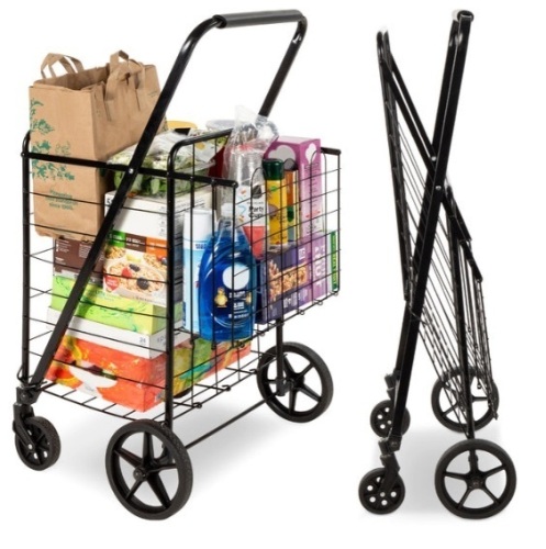 Folding Steel Grocery Cart w/ Double Basket, Swivel Wheels, 220lb Cap - Lot 246