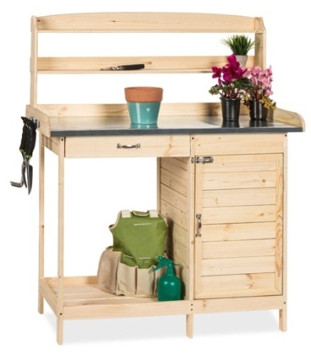 Garden Wooden Potting Bench w/ Metal Table Top - Natural - Lot 511