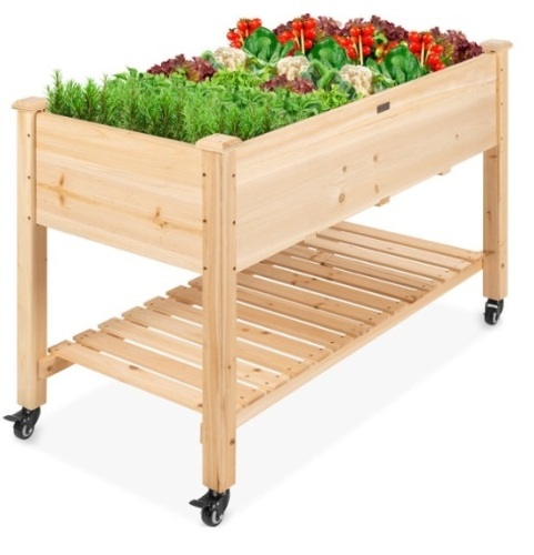 Mobile Raised Garden Bed Elevated Wood Planter w/ Wheels, Storage Shelf - Lot 514