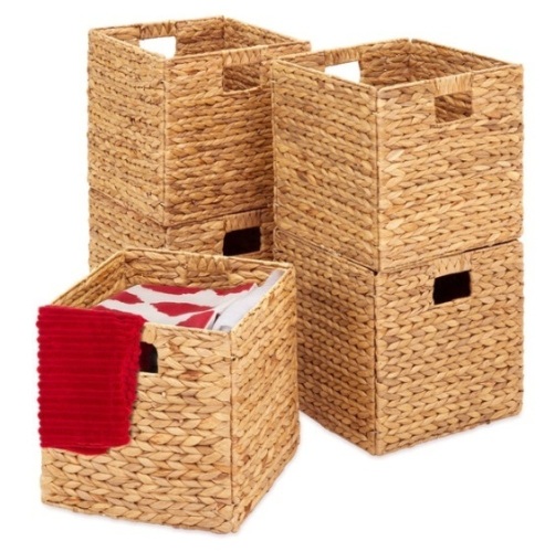 Set of 5 Collapsible Hyacinth Storage Baskets w/ Inserts - 12x12in, Natural - Lot 521