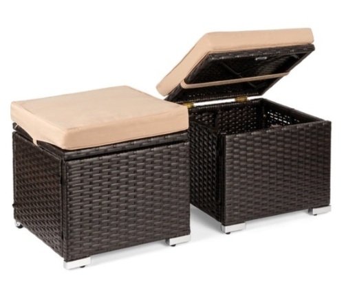 Set of 2 Wicker Ottomans, Multipurpose w/ Removable Cushions, Steel Frame, Brown/Beige - Lot 533
