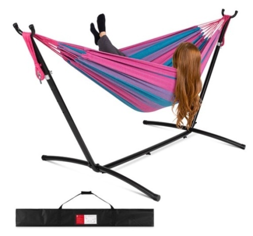 2-Person Brazilian-Style Double Hammock w/ Carrying Bag and Steel Stand, Aster - Lot 537