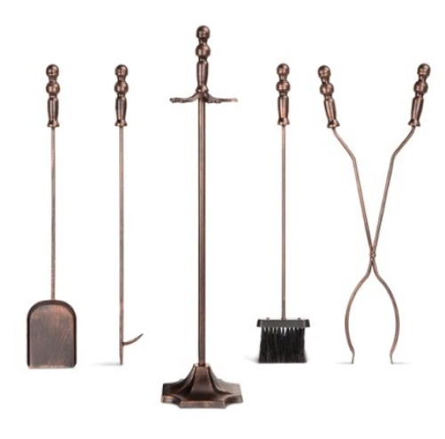 5-Piece Rustic Iron Indoor Outdoor Fireplace and Firepit Tool Set w/ Stand, Copper - Lot 619
