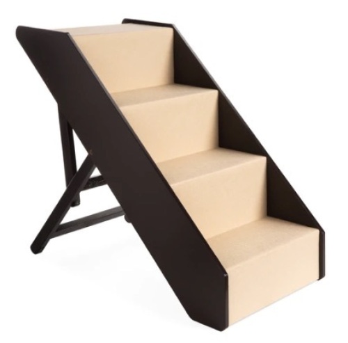4 Steps, Non-Slip, Wide Wooden Carpeted Pet Stairs, Foldable & Adjustable - Lot 621