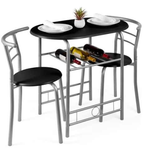 3-Piece Wooden Table & Chairs Dining Set w/ Lower Storage Shelf, Black/Silver - Lot 540