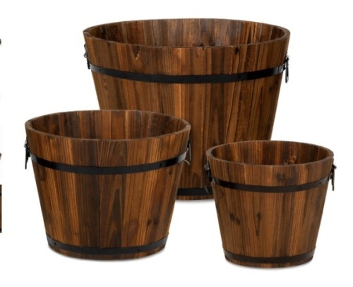 Set of 3 Rustic Wood Bucket Barrel Garden Planters Set w/ Drainage Holes - Lot 542
