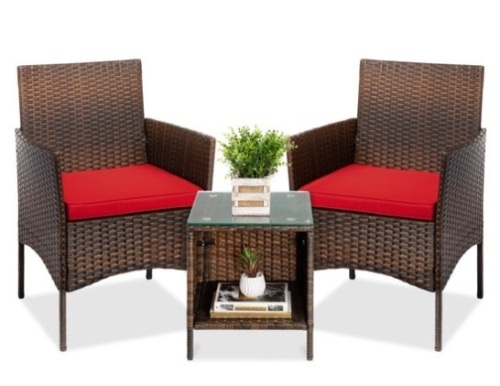 3-Piece Outdoor Patio Wicker Bistro Set w/ Side Storage Table, Brown/Red - Lot 543