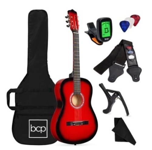 Beginner Acoustic Guitar Set w/ Case, Strap, Digital Tuner, Strings, 38in, Red Burst - Lot 633