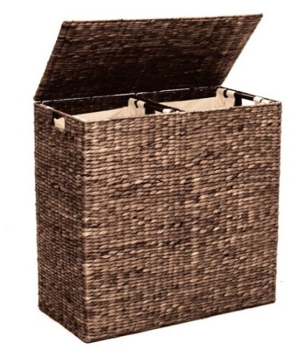 Extra Large Water Hyacinth Double Laundry Hamper Basket w/ 2 Liner Bags, Espresso - Lot 544