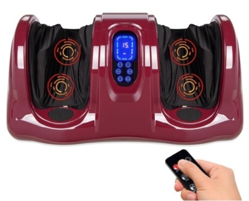 Therapeutic Foot Massager w/ High Intensity Rollers, Remote, 3 Modes, Burgundy - Lot 546