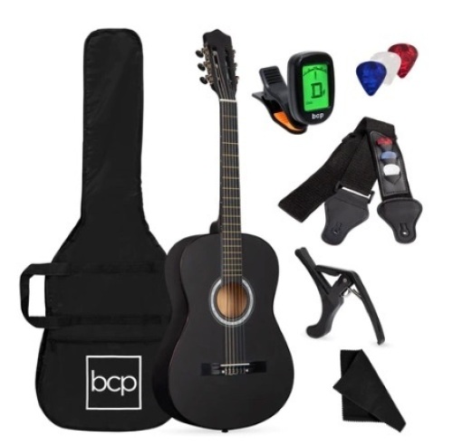 Beginner Acoustic Guitar Set w/ Case, Strap, Digital Tuner, Strings, 38in, Matte Black - Lot 634