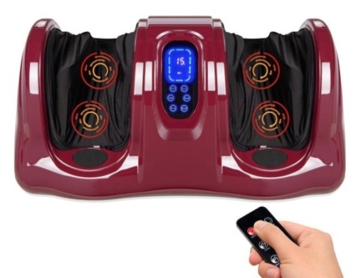 Therapeutic Foot Massager w/ High Intensity Rollers, Remote, 3 Modes, Burgundy - Lot 552
