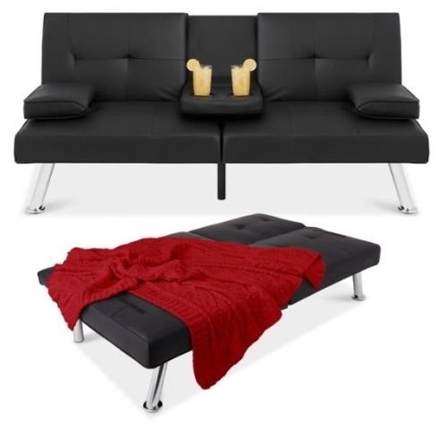 Faux Leather Upholstered Convertible Sofa Bed Futon w/ 2 Cupholders, Black - Lot 556
