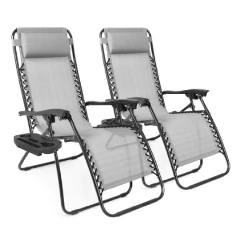 Set of 2 Adjustable Zero Gravity Patio Chair Recliners w/ Cup Holders, Ice Gray - Lot 641