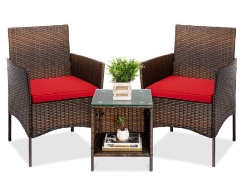 3-Piece Outdoor Patio Wicker Bistro Set w/ Side Storage Table, Brown/Red - Lot 559
