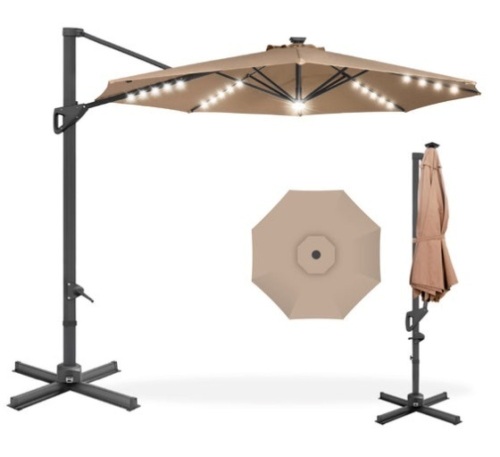 360-Degree Solar LED Cantilever Offset Patio Umbrella w/ Tilt - 10ft, Tan - Lot 561