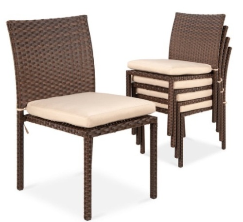 Set of 4 Stackable Outdoor Patio Wicker Chairs w/ Cushions, UV-Resistance, Brown/Cream - Lot 566